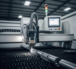 Advanced tube laser cutting machine precisely cutting a metal tube with bright sparks, emphasizing tube laser cutting services in Dubai.
