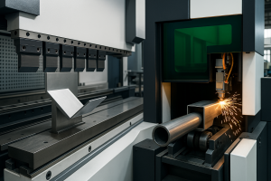 Advanced CNC press brake and tube laser cutting machine operating in a modern metal fabrication workshop