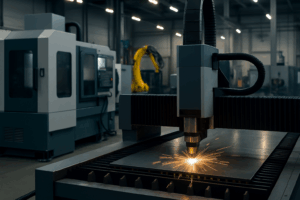 CNC laser cutting machine working on a sheet of metal in a high-tech facility