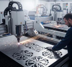 A skilled technician operating a CNC machine, precisely cutting metal for high-tech components.