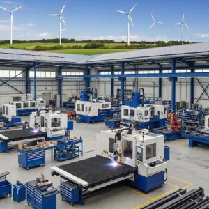 A metal fabrication facility with advanced machinery and a focus on sustainable practices.