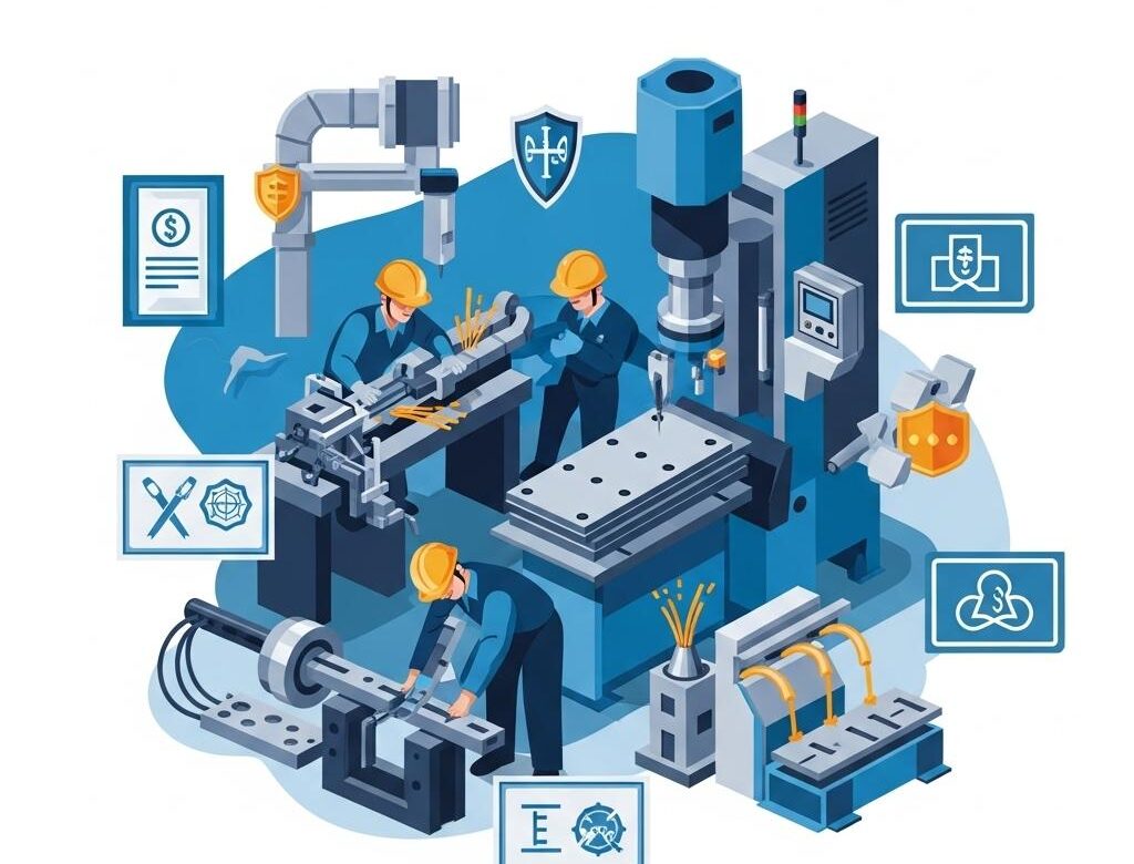 Engineers in a metal fabrication workshop surrounded by icons representing different certifications and standards.