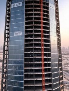 Skyscraper construction site with workers and steel beams, highlighting metal fabrication certifications like ISO 9001 and AWS D1.1 in a GCC cityscape.