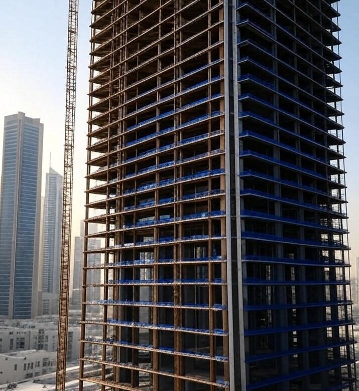 Towering skyscraper under construction with steel beams in a GCC city, showcasing metal fabrication certifications like ISO 9001 and AWS D1.1 for safety and quality.