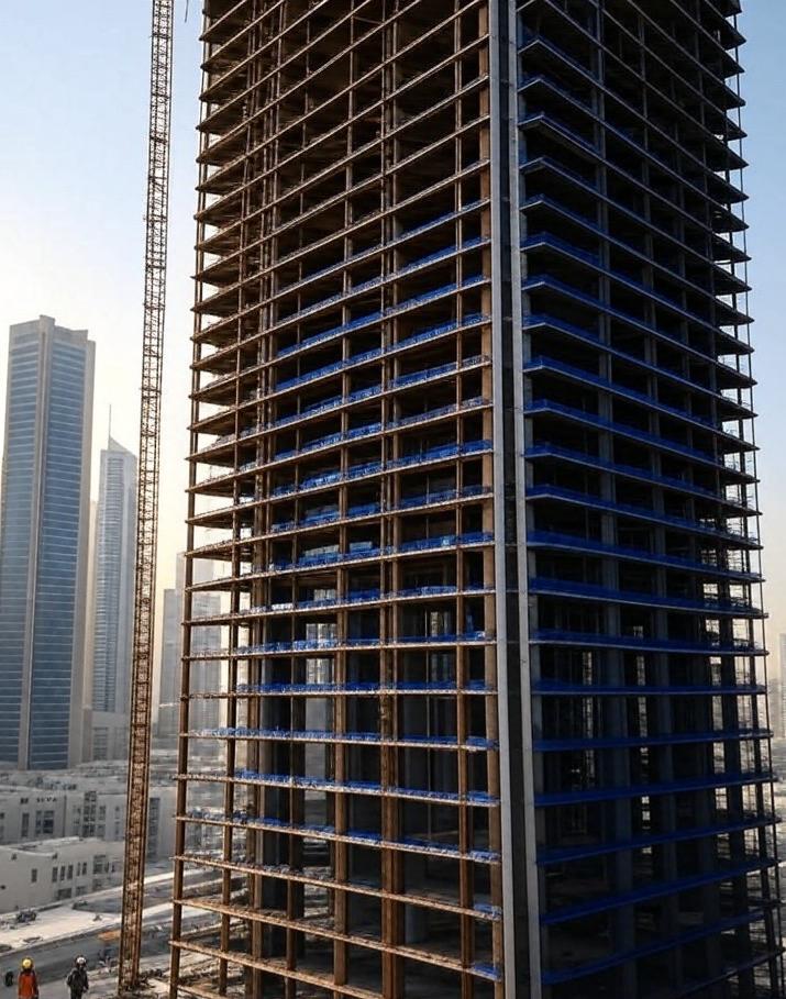 Towering skyscraper under construction with steel beams in a GCC city, showcasing metal fabrication certifications like ISO 9001 and AWS D1.1 for safety and quality.