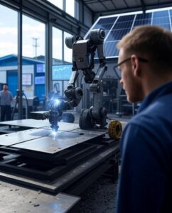 A futuristic metal fabrication workshop featuring a robot welding a metal frame, with a human operator overseeing the process. The scene includes digital screens displaying real-time analytics, solar panels, and sustainable materials, highlighting innovation and human-machine collaboration at Morshedi Building Metal Products Manufacturing LLC.