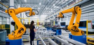 Image for an article about the future of metal fabrication, showing advanced technology like robots and AI in a metal workshop.