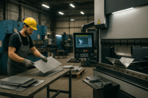 Worker operating metal bending machine in industrial workshop, illustrating CNC Bending vs Traditional Bending process