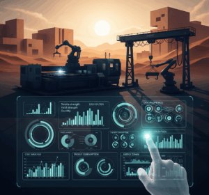  A holographic interface displaying data visualizations for material properties, cost analysis, and supply chain, with a hand interacting, symbolizing the selection of the best metal for fabrication. In the background, industrial machinery and modern architecture in a desert landscape.