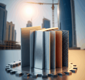 A collection of metal samples, representing the best metal for fabrication, arranged on a large gear, with a blurred backdrop of a modern city construction site under a bright sun.