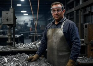 Hidden costs in metal fabrication highlighted with a worker managing material waste in an industrial workshop at Morshedi Building Metal Products Manufacturing LLC, GCC region 